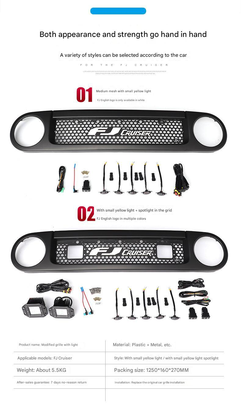 FJ Cruiser Custom Racing Grille with Spotlight  - ABS Front Hood & Bumper Grill Modification With Lamp Compatible  for 2007-2023 Toyota FJ Cruiser Accessories