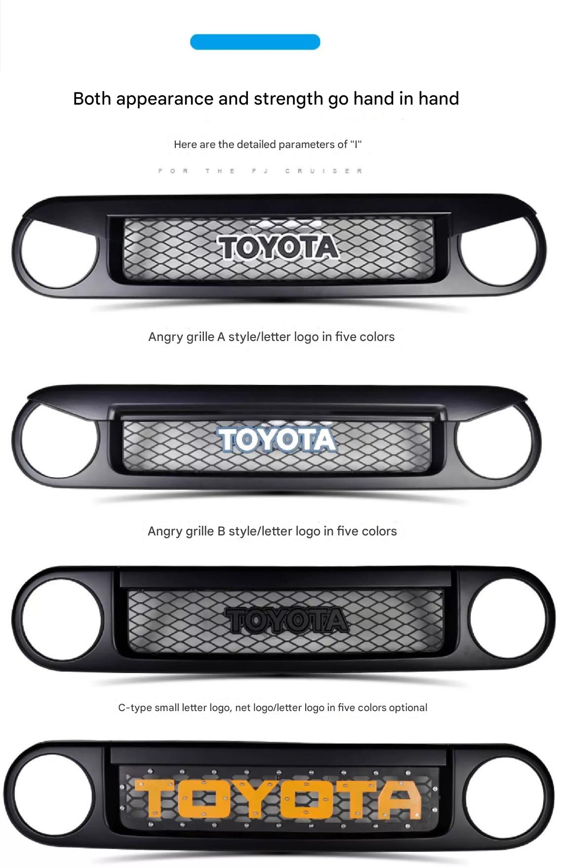 Front Grill for Toyota FJ Cruiser 2007-2023 – Custom Replacement Grille & Car Accessories multi designs and colors Suitable for fj cruiser grille modification black warrior front face grille accessories